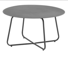DALI Coffee table big, made of aluminum with a stainless steel base, all covered with special powder paint for exteriors in anthracite. Slender tubular legs that cross at the base, viewed obliquely on a white background.