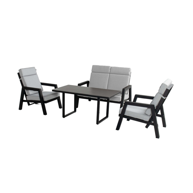 Conjunto de Relax Ancona Airpump + Mesa Ancona 140x70x55 de Hartman® sofá 2 plaza y 2 sillones, estructura negra de aluminio y cojines gris claro. Sobre fondo blanco