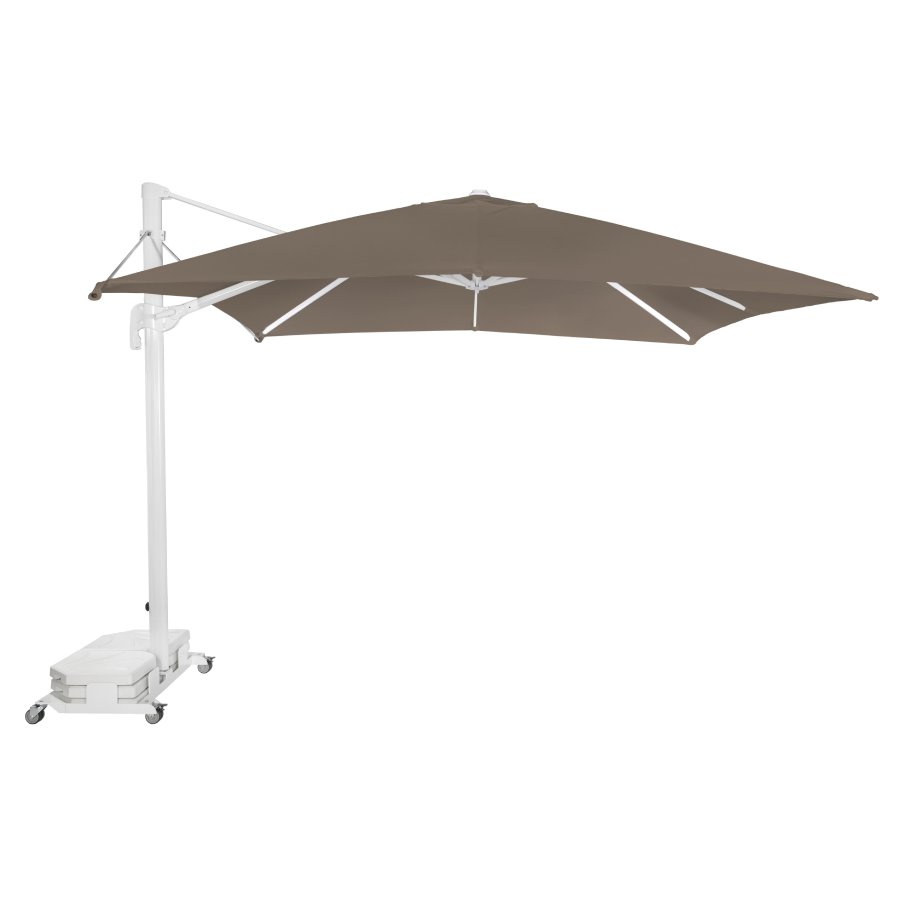 UMBRELLA FLEXO 3x3m of ezpeleta, structure in white and lateral arm. Umbrella with taupe ventilation (brown)