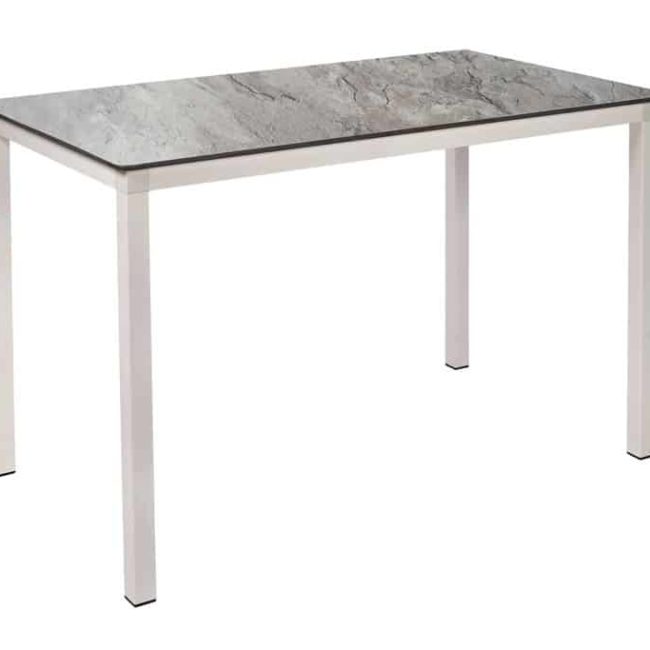 mesa monaco 120 x 80 es una mesa rectangular con la estructura en blanca y el tablero imitando la piedra