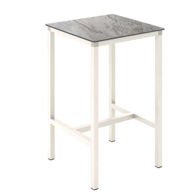 mesa urban 70 x 70 es una mesa alta con reposapiés con la estructura en blanca y el tablero imitando la piedra
