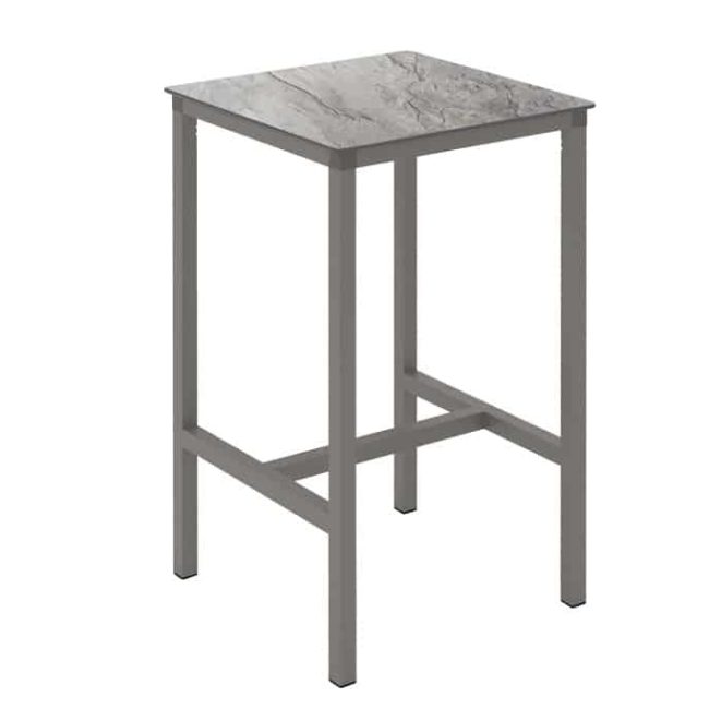 urban table 70 x 70 is a high table with footrest with taupe structure and the board imitating stone