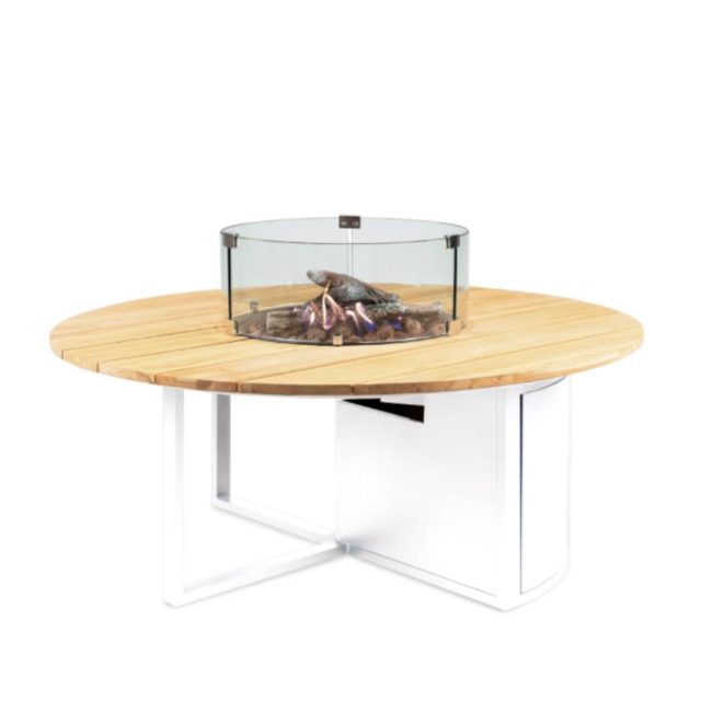 COSILOFT 120 Fire Table with glass and white and teak finish, it's a round table