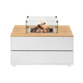 COSIPURE 100 Fire Table with glass and white and teak finish