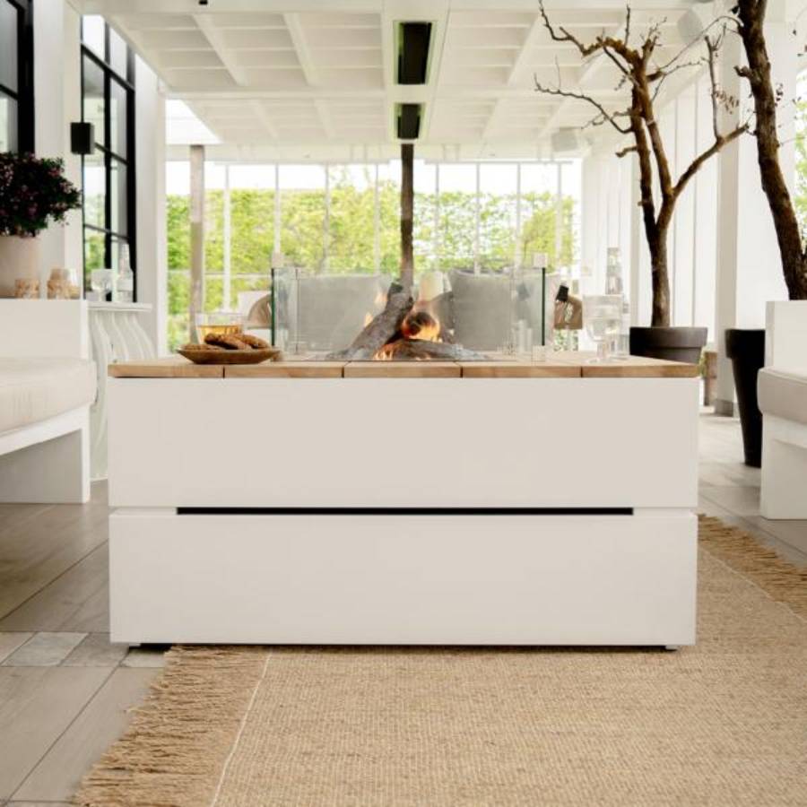 COSIPURE 100 Fire Table white and teak finish in a livingroom