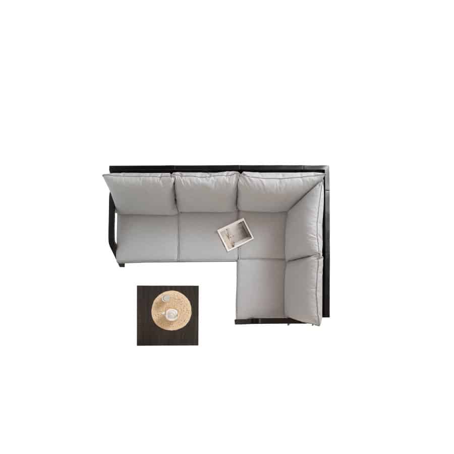 Rinconera 4 plazas + Mesa estructura y mesa en antracita y cojines en gris vista desde arriba