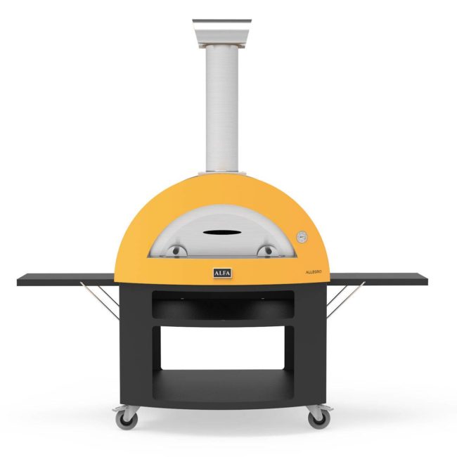 Yellow Allegro Hibrido oven on its base, seen from the front and on a white background.