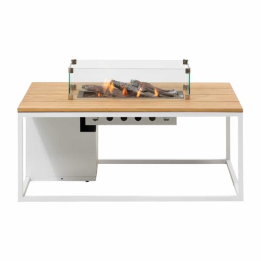 mesa de fuego Cosiloft 120 blanco teca con cristal vista frontal y sobre fondo blanco. Está encendida y se pueden ver las llamas