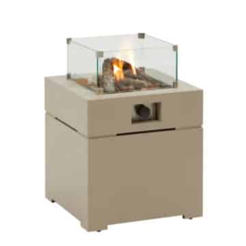 estufa exterior Cosibrixx 60 taupe girada a la derecha encendida y con cristal