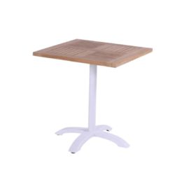 Square Bistro folding table with central aluminum leg and teak top on white background