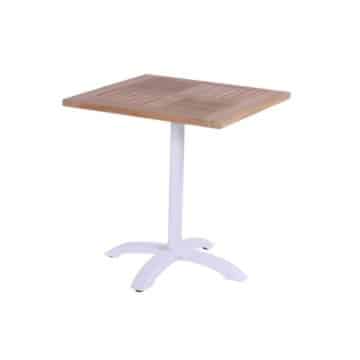 Square Bistro folding table with central aluminum leg and teak top on white background