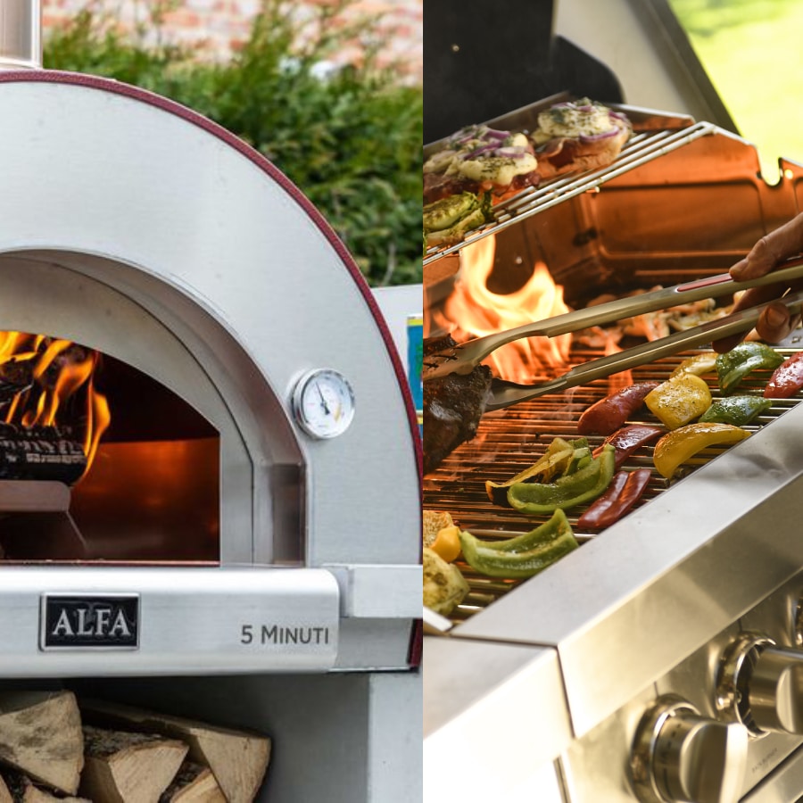 A la izquierda un horno Alfa® 5 MINUTI y a la derecha una barbacoa ELITE encendida llena de verduras y carnes.