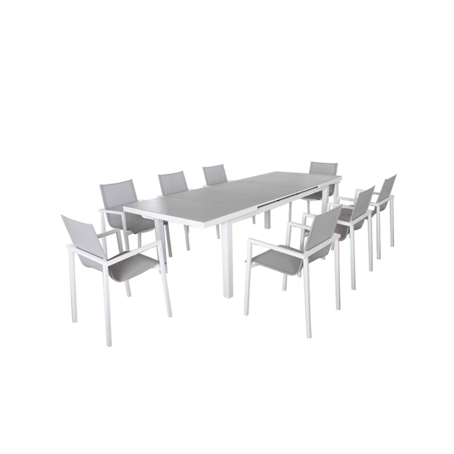mesa extensible ALOHA abierta con 8 sillas con la estructura en blanca, vista oblicua, sobre fondo blanco