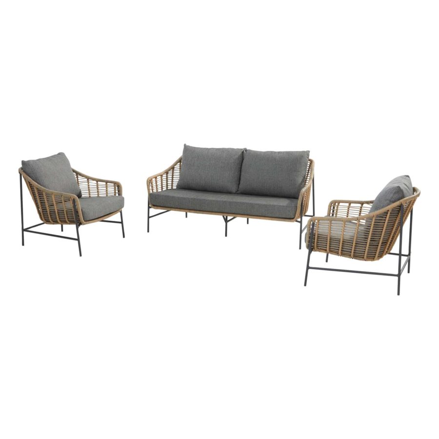 Conjunto de Relax TIMOR se ve en el centro el sofá y a los lados los dos sillones todos con patas de aluminio terminadas en antracita y mimbre hularo para la estructura. Con amplios cojines de un gris claro