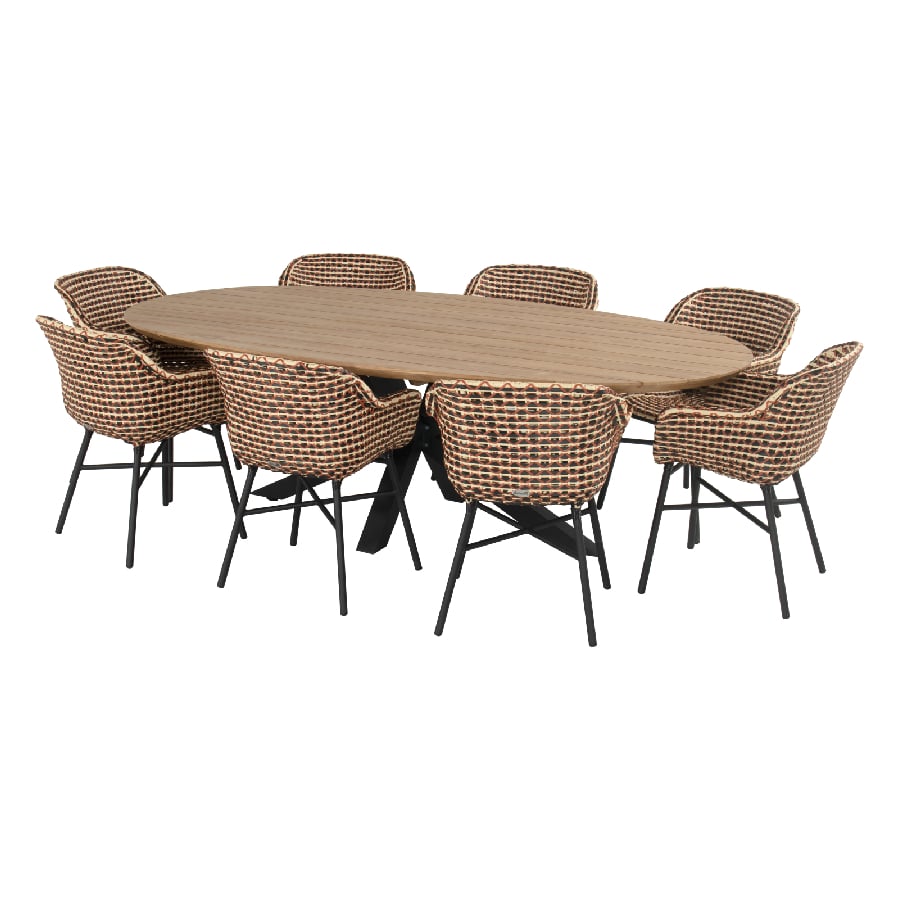 Delphine Coral 8 sillas de comedor alrededor de la mesa PRADO Ellips, sobre fondo blanco