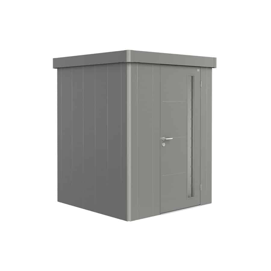 NEO 1A standard, quartz grey wall, quartz grey roof door on a white background. By Biohort, find it at De Tropen, the largest garden furniture store in Malaga. Your outdoor furniture expert.