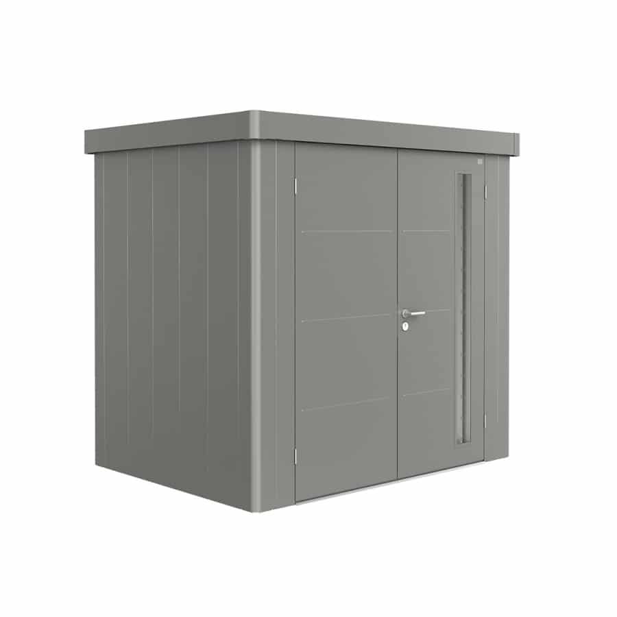 NEO 1B double door, quartz grey wall, quartz grey roof door on a white background. By Biohort, find it at De Tropen, the largest garden furniture store in Malaga. Your outdoor furniture expert.