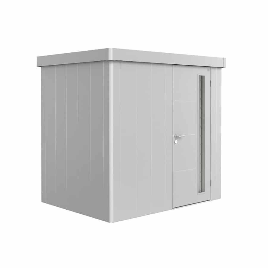 NEO 1B standard, silver wall, silver roof door on a white background. By Biohort, find it at De Tropen, the largest garden furniture store in Malaga. Your outdoor furniture expert.