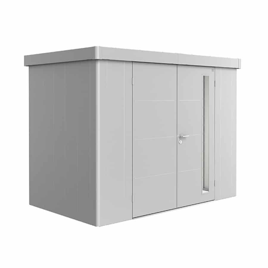 NEO 1C double door, silver walls, silver door and roof on a white background. By Biohort, find it at De Tropen, the largest garden furniture store in Malaga. Your outdoor furniture expert.