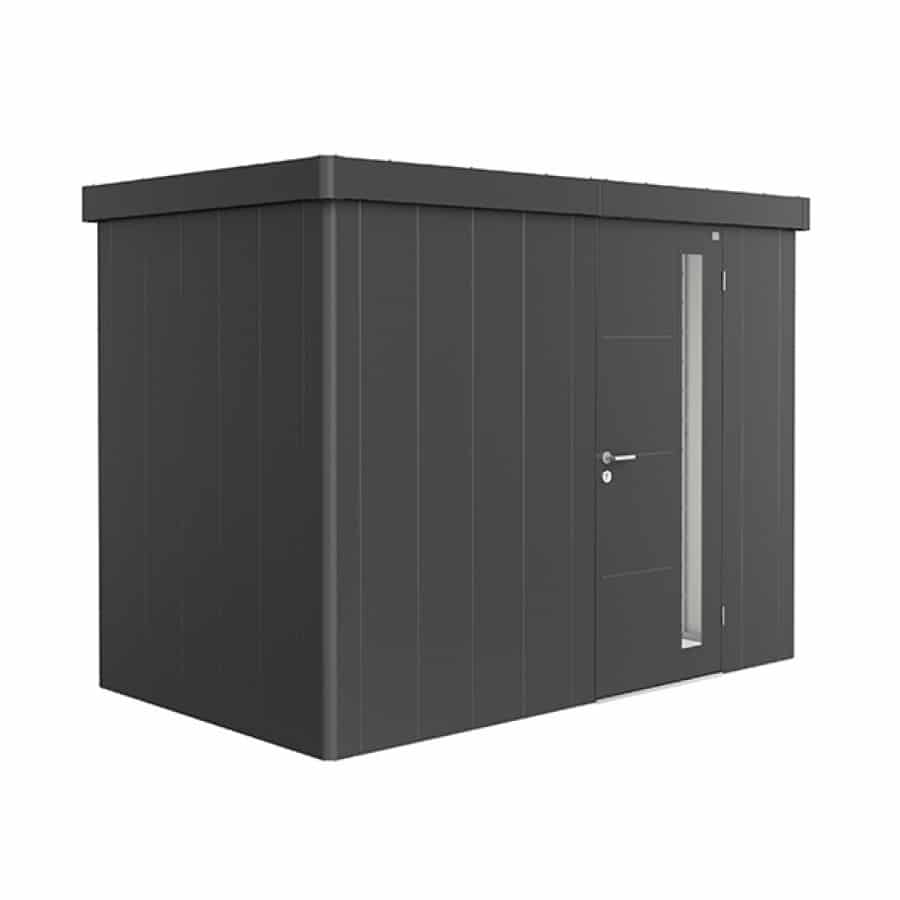 NEO 1C standard, dark gray walls, dark gray door and roof on a white background. By Biohort, find it at De Tropen, the largest garden furniture store in Malaga. Your outdoor furniture expert.