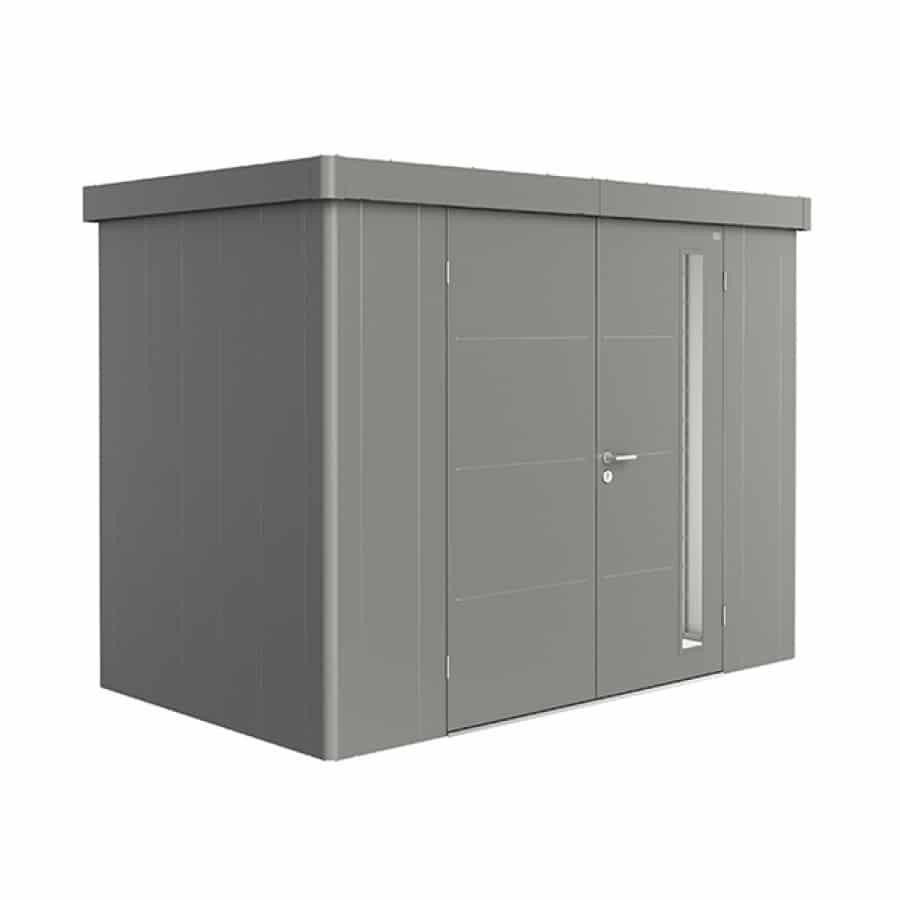 NEO 1D double door, quartz grey walls, quartz grey door and roof on a white background. By Biohort, find it at De Tropen, the largest garden furniture store in Malaga. Your outdoor furniture expert.