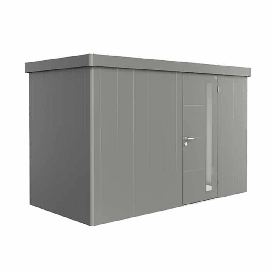 NEO 1D standard, quartz grey walls, quartz grey door and roof on a white background. By Biohort, find it at De Tropen, the largest garden furniture store in Malaga. Your outdoor furniture expert.