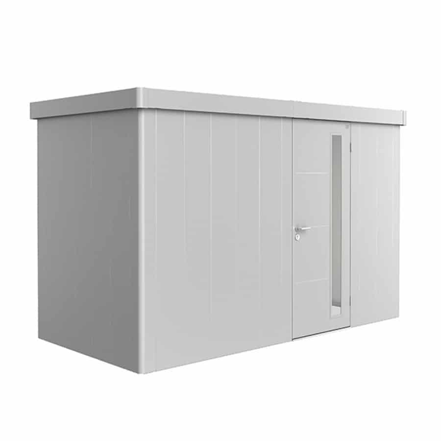 NEO 1D standard, silver walls, silver door and roof on a white background. By Biohort, find it at De Tropen, the largest garden furniture store in Malaga. Your outdoor furniture expert.