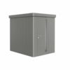 NEO 2A standard, quartz grey wall, silver roof door on a white background. By Biohort, find it at De Tropen, the largest garden furniture store in Malaga. Your outdoor furniture expert.