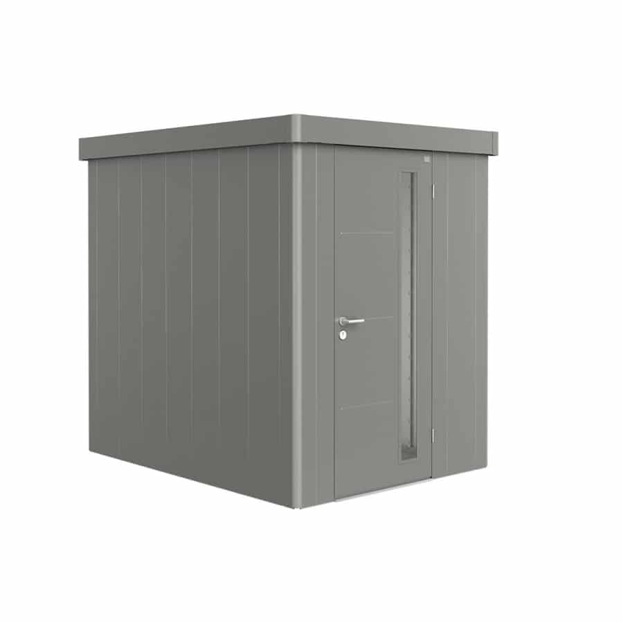 NEO 2A standard, quartz grey wall, silver roof door on a white background. By Biohort, find it at De Tropen, the largest garden furniture store in Malaga. Your outdoor furniture expert.
