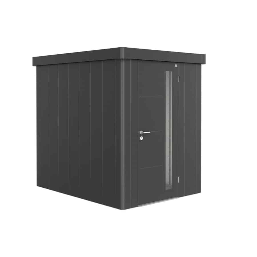 NEO 2A standard, dark grey wall, silver roof door on a white background. By Biohort, find it at De Tropen, the largest garden furniture store in Malaga. Your outdoor furniture expert.