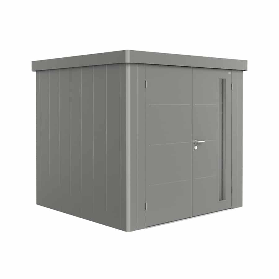 NEO 2B double door, quartz grey wall, quartz grey roof door on a white background. By Biohort, find it at De Tropen, the largest garden furniture store in Malaga. Your outdoor furniture expert.