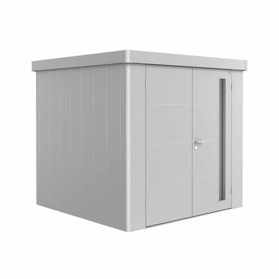 NEO 2B double door, silver wall, silver roof door on a white background. By Biohort, find it at De Tropen, the largest garden furniture store in Malaga. Your outdoor furniture expert.