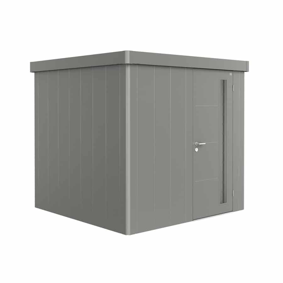 NEO 2B standard door, quartz grey wall, quartz grey roof door on a white background. By Biohort, find it at De Tropen, the largest garden furniture store in Malaga. Your outdoor furniture expert.