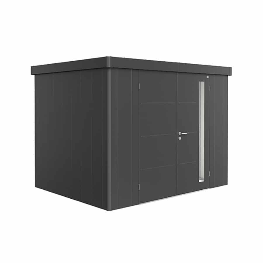 NEO 2C double door, dark grey walls, dark grey door and roof on a white background. By Biohort, find it at De Tropen, the largest garden furniture store in Malaga. Your outdoor furniture expert.