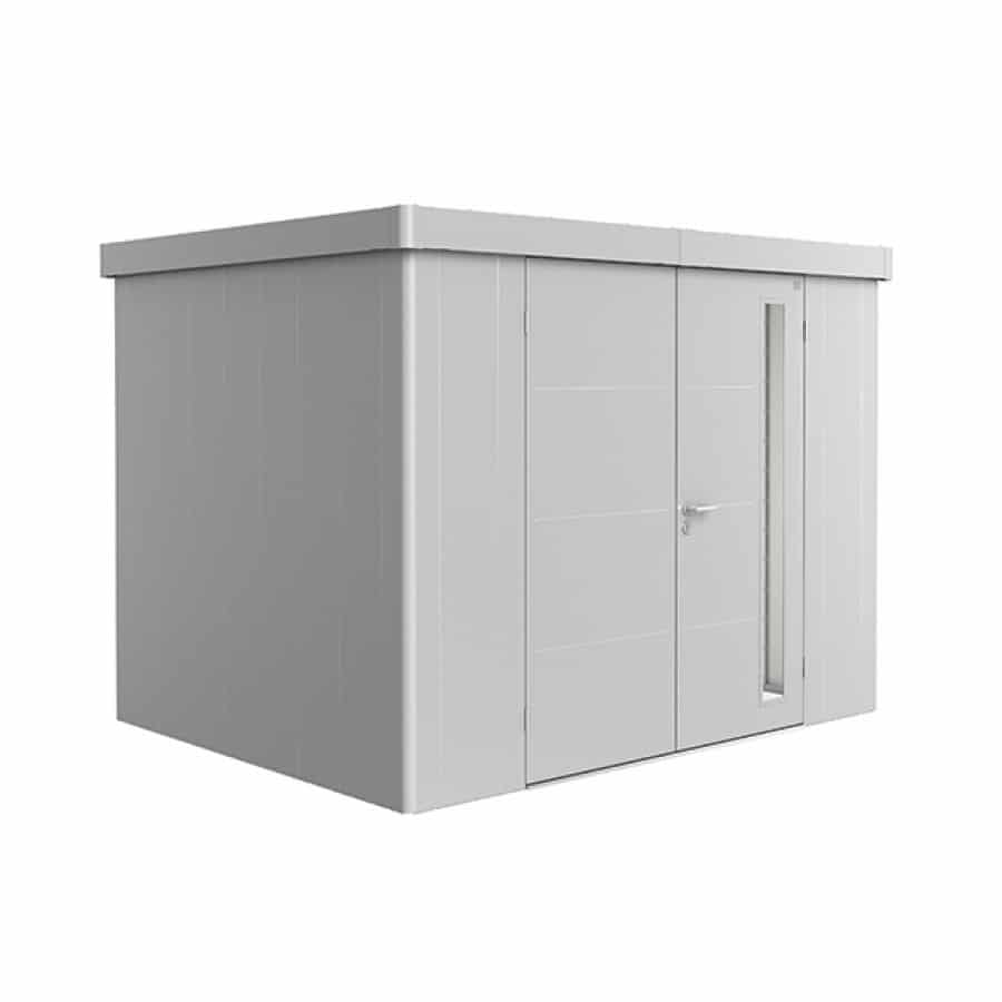 NEO 2C double door, silver walls, silver door and roof on a white background. By Biohort, find it at De Tropen, the largest garden furniture store in Malaga. Your outdoor furniture expert.