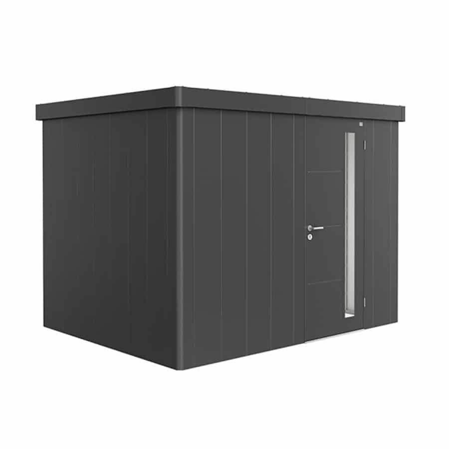 NEO 2C standard, dark gray walls, dark gray door and roof on a white background. By Biohort, find it at De Tropen, the largest garden furniture store in Malaga. Your outdoor furniture expert.