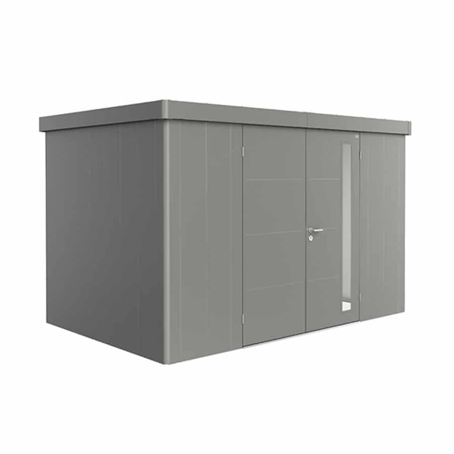 NEO 2D double door, quartz grey walls, quartz grey door and roof on a white background. By Biohort, find it at De Tropen, the largest garden furniture store in Malaga. Your outdoor furniture expert.