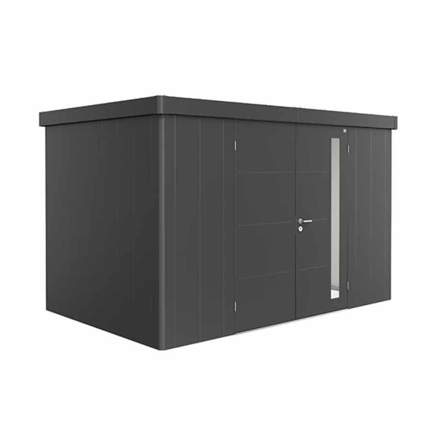 NEO 2D double door, dark gray walls, dark gray door and roof on a white background. By Biohort, find it at De Tropen, the largest garden furniture store in Malaga. Your outdoor furniture expert.