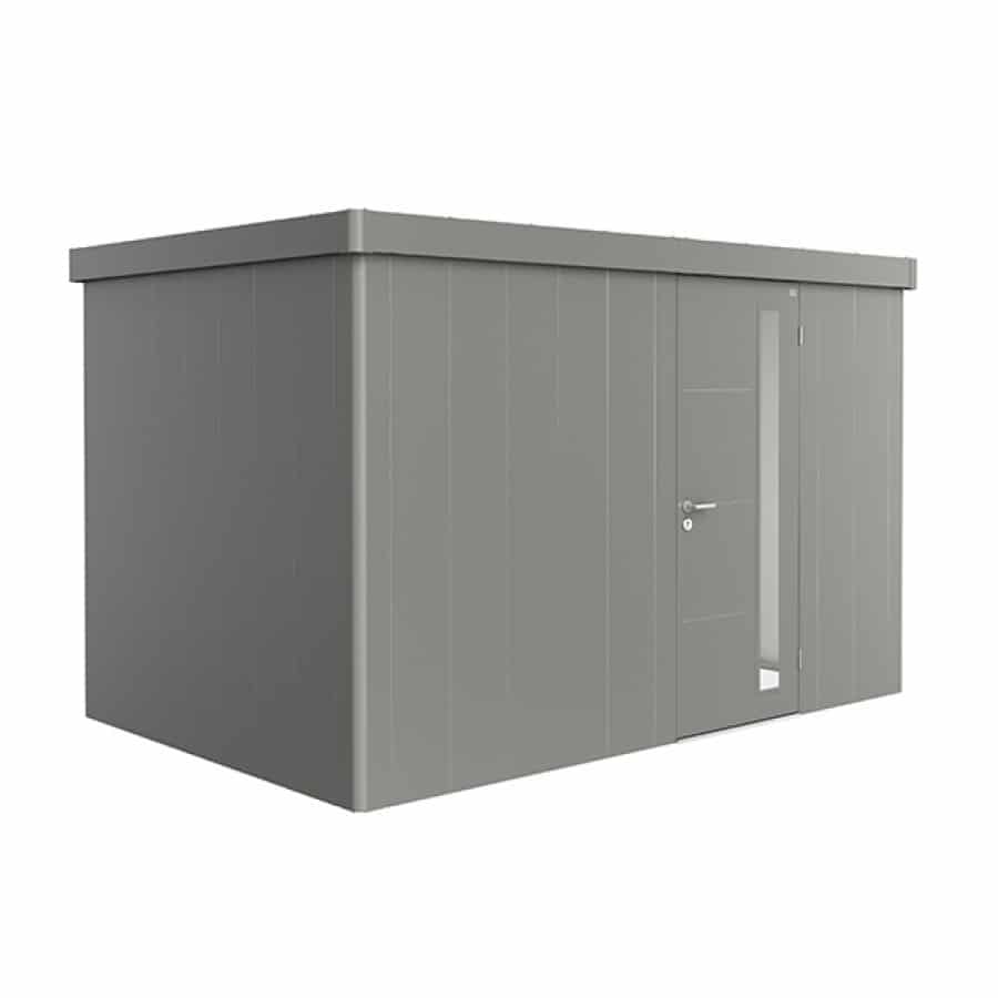 NEO 2D standard, quartz grey walls, quartz grey door and roof on a white background. By Biohort, find it at De Tropen, the largest garden furniture store in Malaga. Your outdoor furniture expert.
