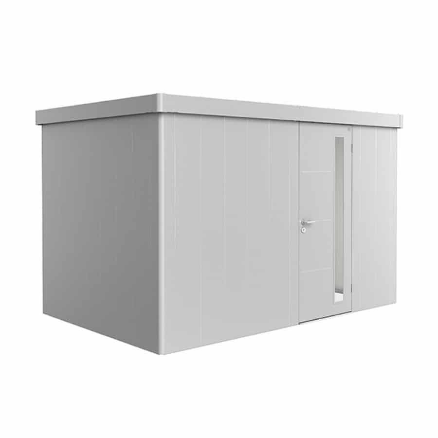 NEO 2D standard, silver walls, silver door and roof on a white background. By Biohort, find it at De Tropen, the largest garden furniture store in Malaga. Your outdoor furniture expert.