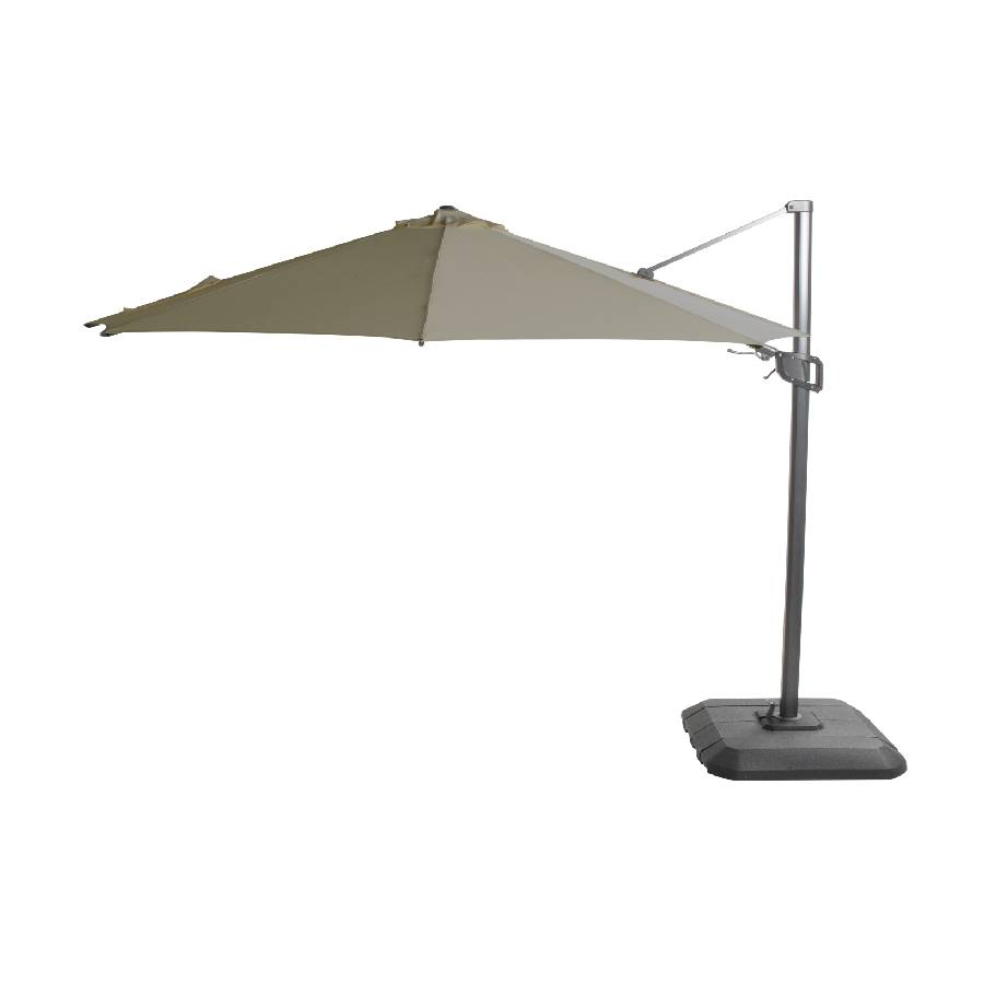 Shadowflex Floating Parasol Ø300cm Olive Green. Open, side view, on white background.