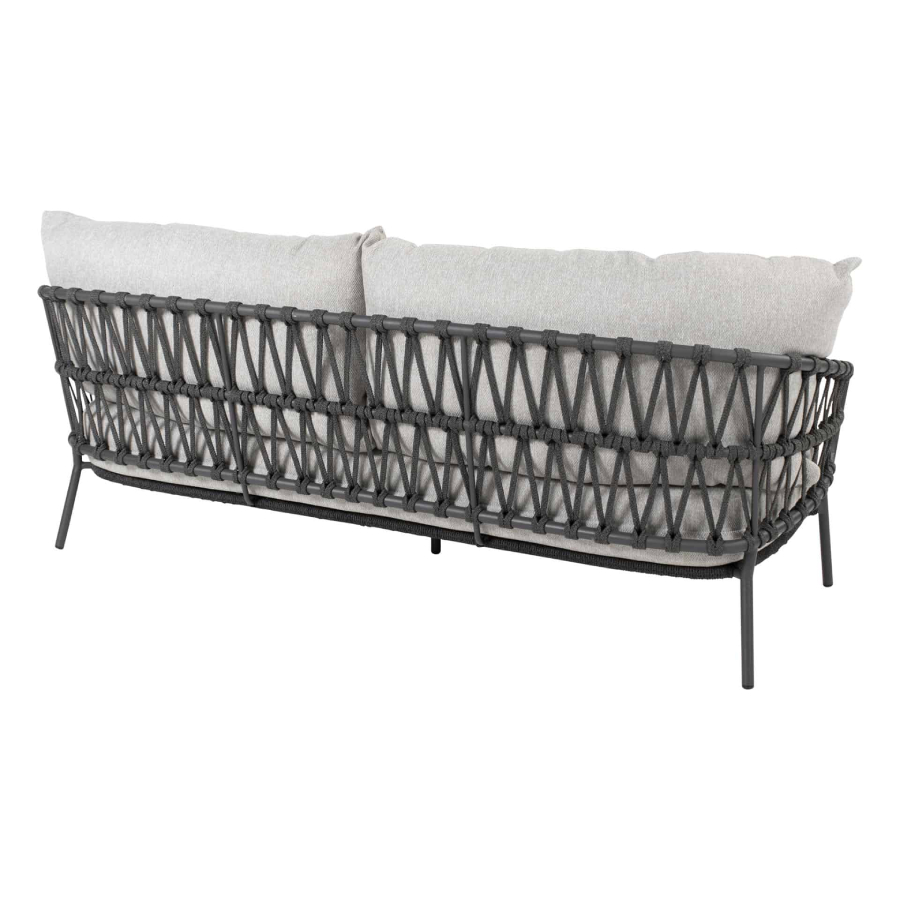 Calpi sofa, anthracite structure reinforced and embellished with ropes in the same tone forming a pattern of triangles with large light gray cushions, rear view on a white background