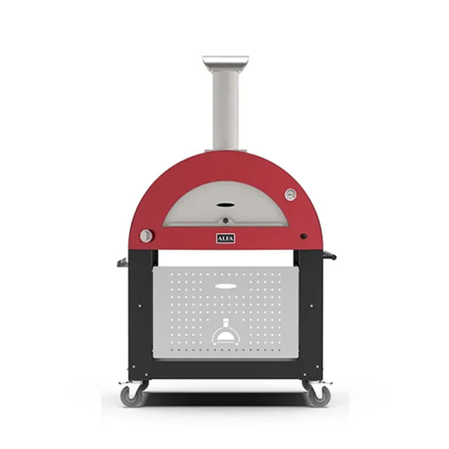 MODERN 3 Pizze Gas Red Oven on its base. Front view on white background