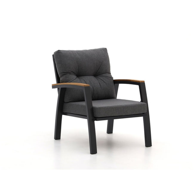 STEFANO set - Hartman Oblique view shows the STEFANO armchair with teak armrests and anthracite aluminum structure. It has an almost industrial design that is softened by the teak details. On white background