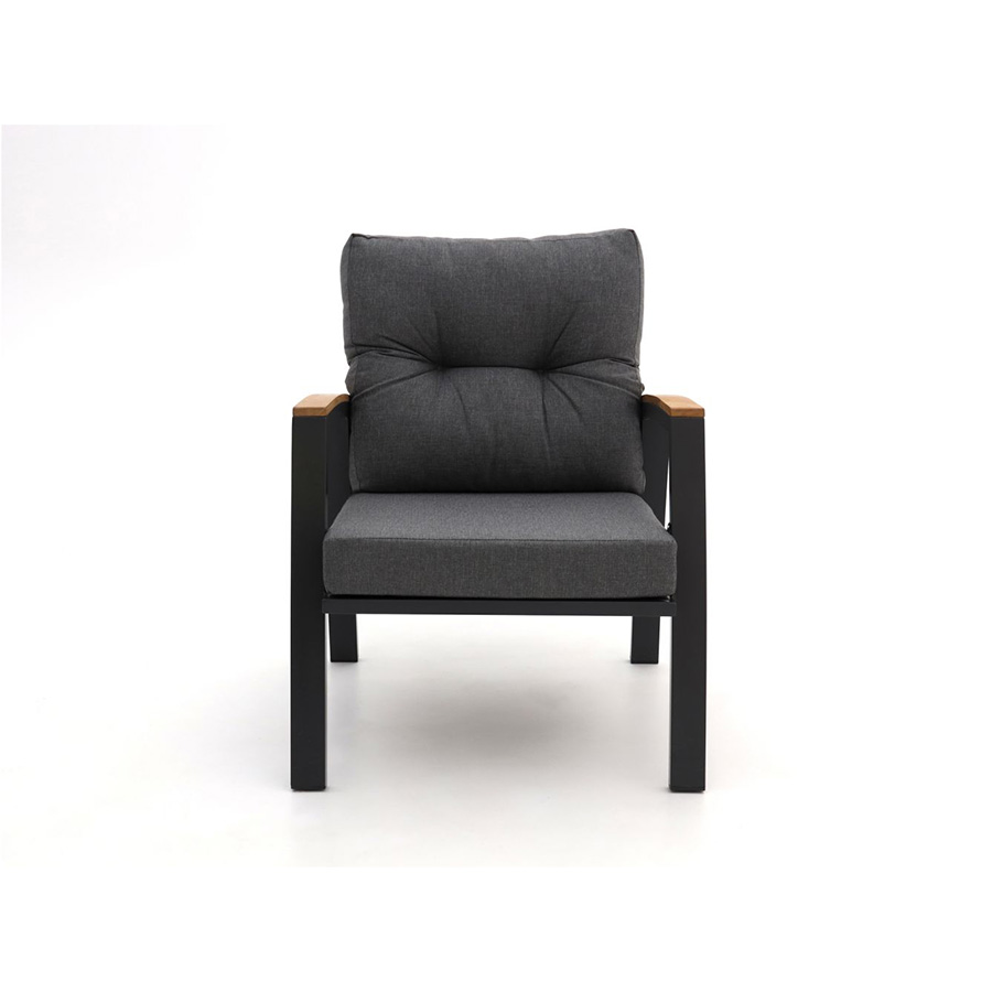 STEFANO set - Hartman Front view shows the STEFANO armchair with teak armrests and anthracite aluminum structure. It has an almost industrial design that is softened by the teak details. On white background