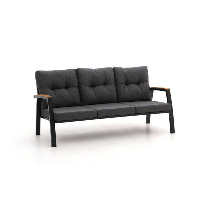 STEFANO - Hartman set Oblique view shows the 3-seater sofa with teak armrests and anthracite aluminum structure. It has an almost industrial design that is softened by the teak details. On white background