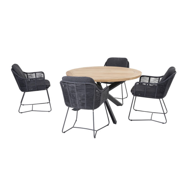 Conjunto de Comedor PRADO - BELMOND A1 - 4SO® se ve la mesa en el centro con 4 sillas belmond dispuestas a su alrededor, todo sobre fondo blanco