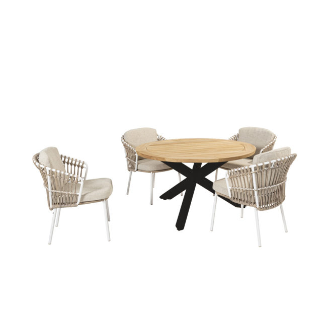 PRADO Dining Room - DALIAS A PRADO Ø130 table and 4 DALIAS Chairs - 4 Seasons Outoor® includes seat and back cushions in beige and tan beige. Chair with a white tubular steel structure, embellished with hand-woven hularo wicker around the structure in a toasted beige tone imitating traditional wicker. Front view on white background.