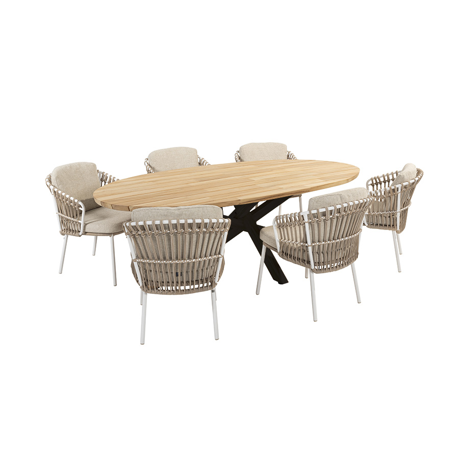 PRADO Ellips Dining Room - DALIAS A PRADO Ellips table with anthracite legs and 6 DALIAS Chairs - 4 Seasons Outoor® includes seat and back cushions in beige and tan beige. Chair with a white tubular steel structure, embellished with hand-woven hularo wicker around the structure in a toasted beige tone imitating traditional wicker. Front view on white background.
