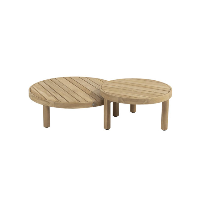 FINN center table set from 4 Seasons Outdoor. Two very attractive tables, completely made of teak. The Ø80cm table has a height of 30cm and the Ø60cm table has a height of 35cm, both with three round legs. Front view on white background.
